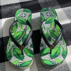 Tory Burch Tropical Fern Print Wedge Thong Sandal